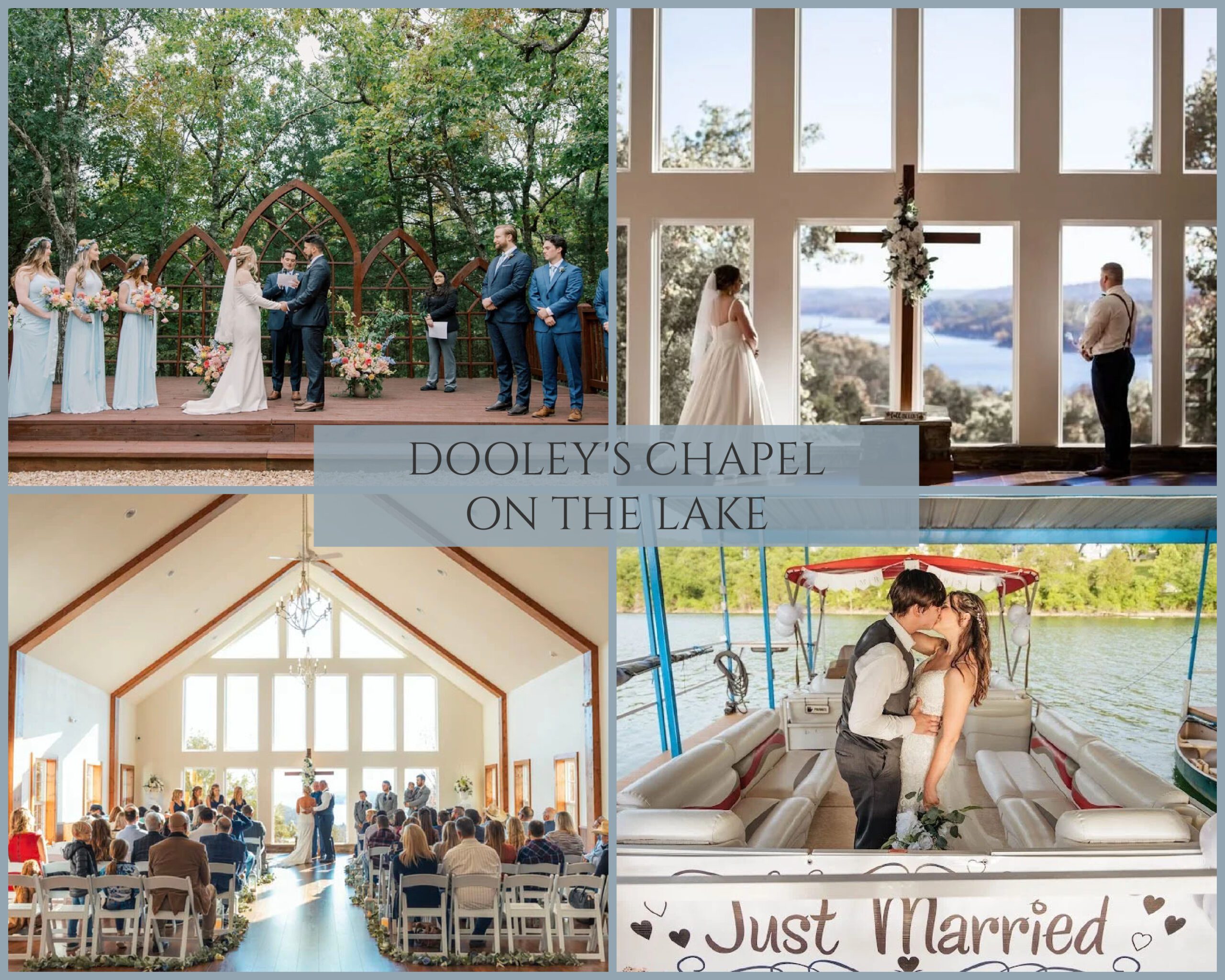 Traditional chapel venue at Dooley's Chapel on the Lake, with boat sendoff after wedding. Springfield Missouri