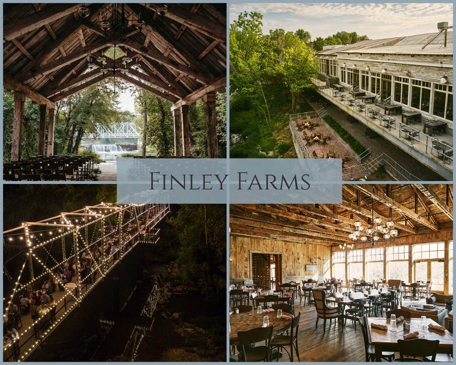 Chapel venue, patio tables, bridge venue, and lakeside barn venue at Finley Farms Springfield MO