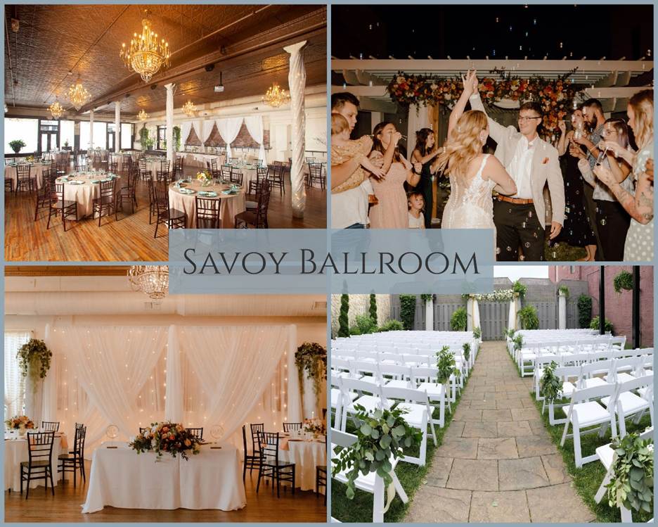 Historic urban reception area inside Savoy Ballroom, with outdoor courtyard ceremony area. Springfield Missouri