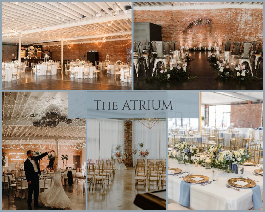 The Atrium: Historic wedding venue with brick building and romantic industrial interior.