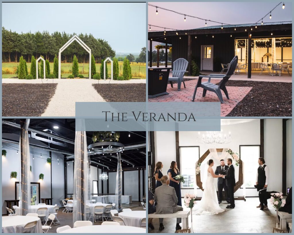 The Veranda is a classic wedding venue with outdoor patio and cathedral arches, plus indoor ceremony area with chandeliers